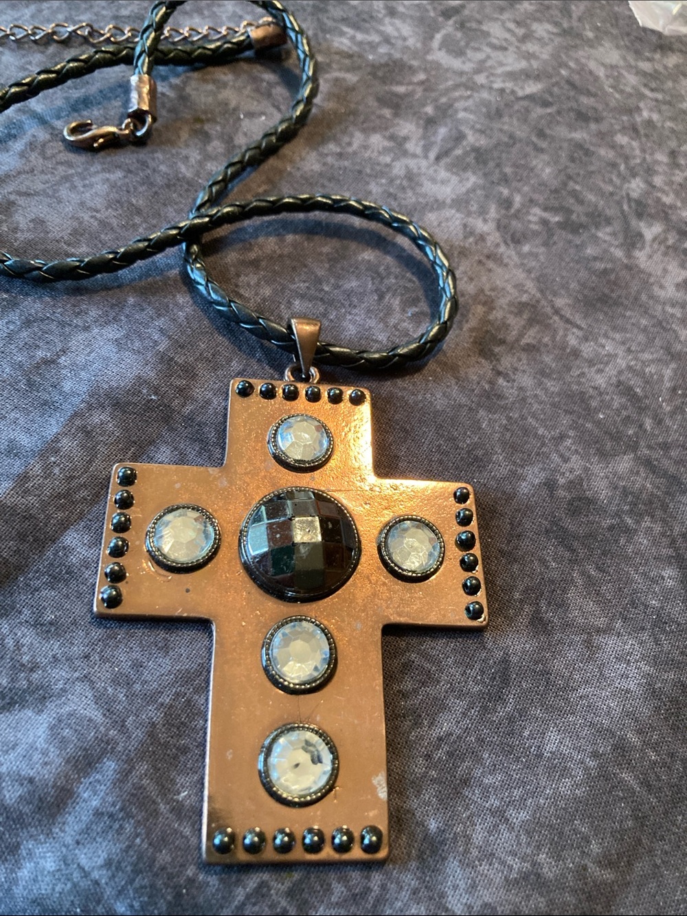 Copper-Tone Cross Pendant Necklace with Black and Clear Gem Accents